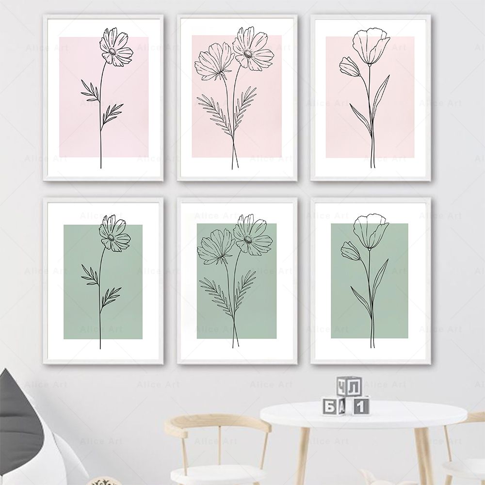 Resin Art Of Flowers - Botanical Line Art Flowers Pink Green